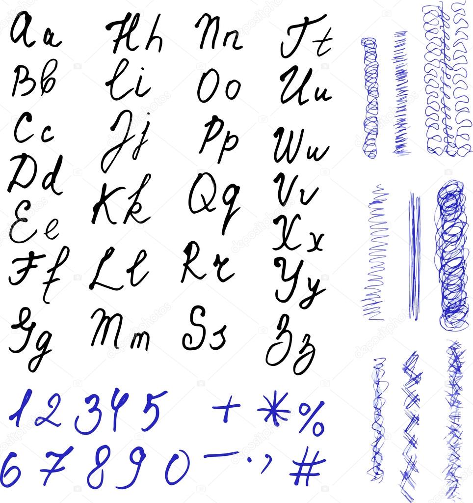 Alfabeto. Letras desenhadas de mão. Números sobre fundo 