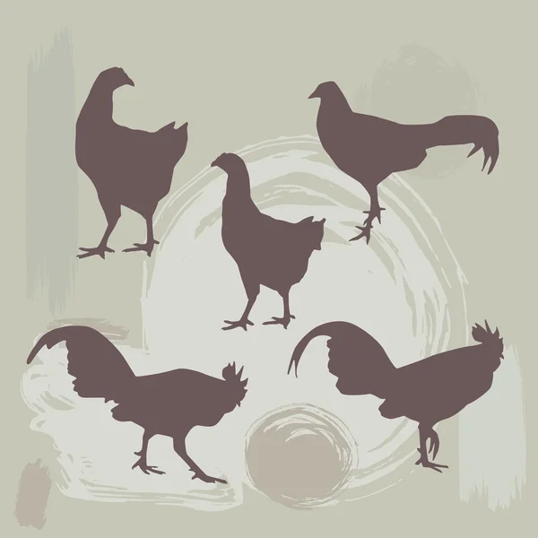 Hen and Rooster silhouette on grunge background. vector — Stock Vector