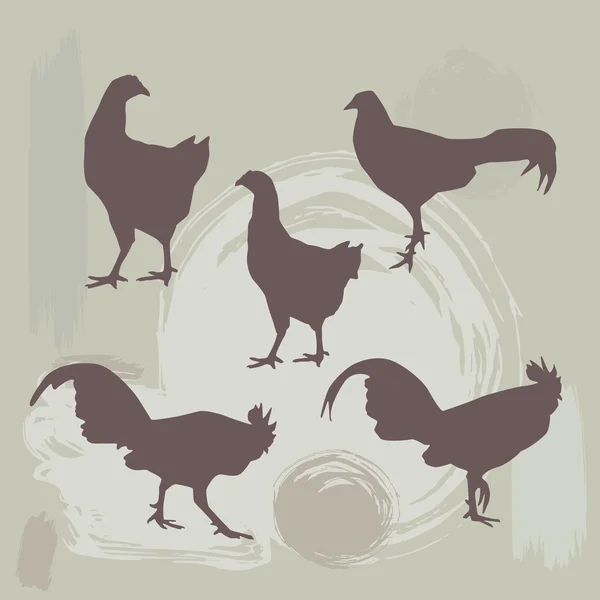 Hen og Rooster silhouette på grunge-bakgrunn. vektor – stockvektor