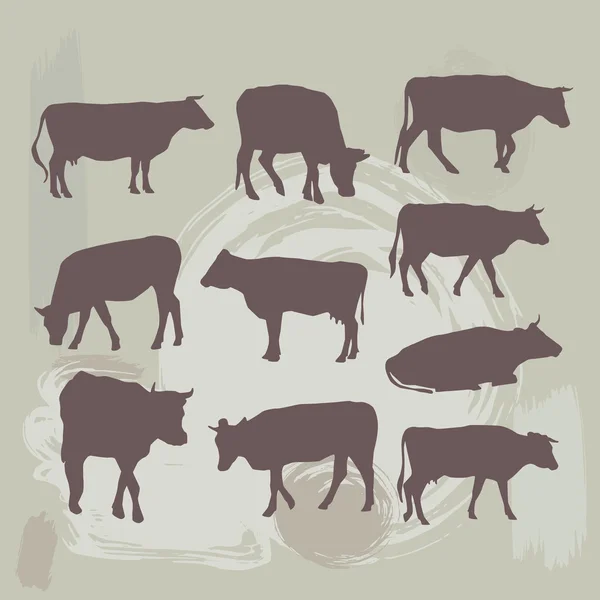Cow set silhouette on grunge background. vector — Stock Vector