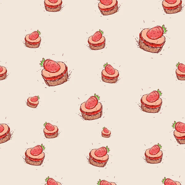 Pastel con fresas Dibujo dibujado a mano sobre fondo rosa. vector de patrón sin costura — Archivo Imágenes Vectoriales