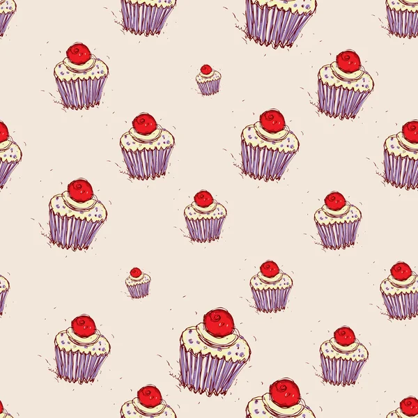 Cupcake with cherries and cream Hand drawn sketch on pink background. seamless pattern vector — Stock Vector