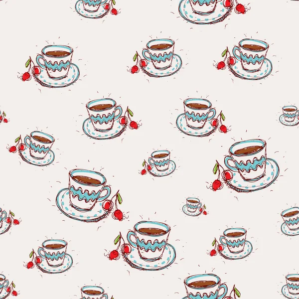Taza de café y cereza Dibujo dibujado a mano sobre fondo rosa. vector de patrón sin costura — Archivo Imágenes Vectoriales