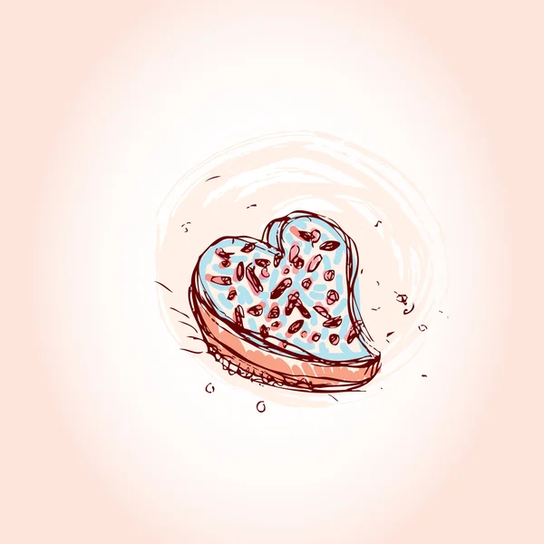 Gâteau en forme de coeur Esquisse dessinée à la main sur fond rose. vecteur — Image vectorielle