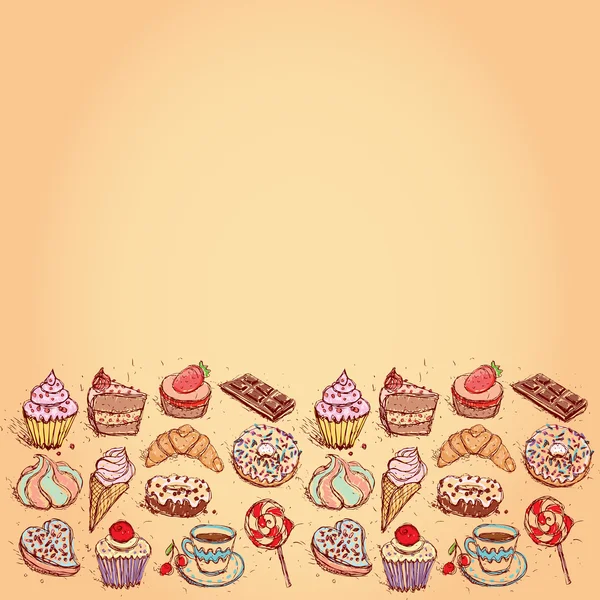 Kart elle çizilmiş şekerlemeler kruvasan Cupcake şeker marshmallow dondurma pasta çörek ve kahve ayarlayın. vektör