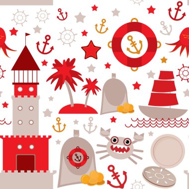 Beyaz arka plan üzerinde deniz simgeleri ile Seamless modeli. Seamless modeli. Kırmızı ve gri. vektör