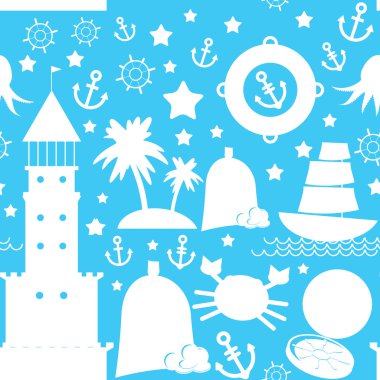 Seamless modeli. mavi zemin üzerine beyaz deniz simgesi. vektör