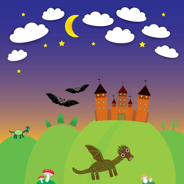 Paesaggio con mago del castello, Cartoon Dragon, pipistrelli. Buonanotte. vettore — Vettoriale Stock