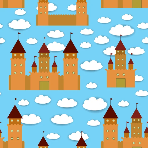 Castillo de patrón sin costuras, paisaje de cuento de hadas. Fondo azul con nubes. vector — Vector de stock