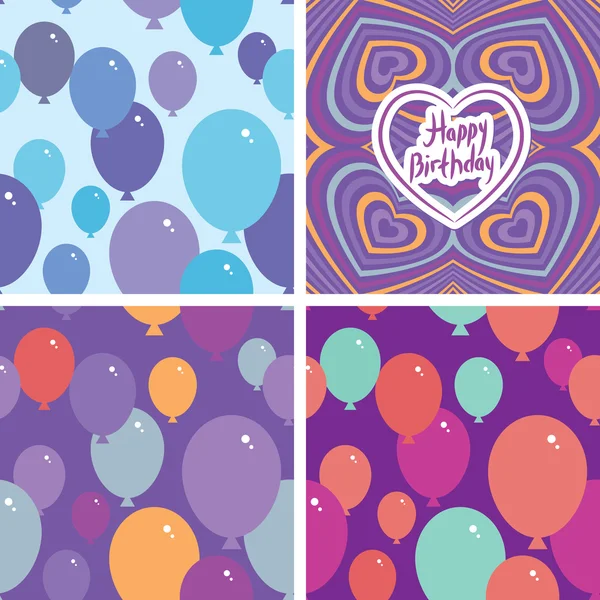 Установите 3 беззеркальных узора с воздушными шарами и поздравительной открыткой ко дню рождения. Фиолетовый, розовый, синий, оранжевый фон. вектор — стоковый вектор