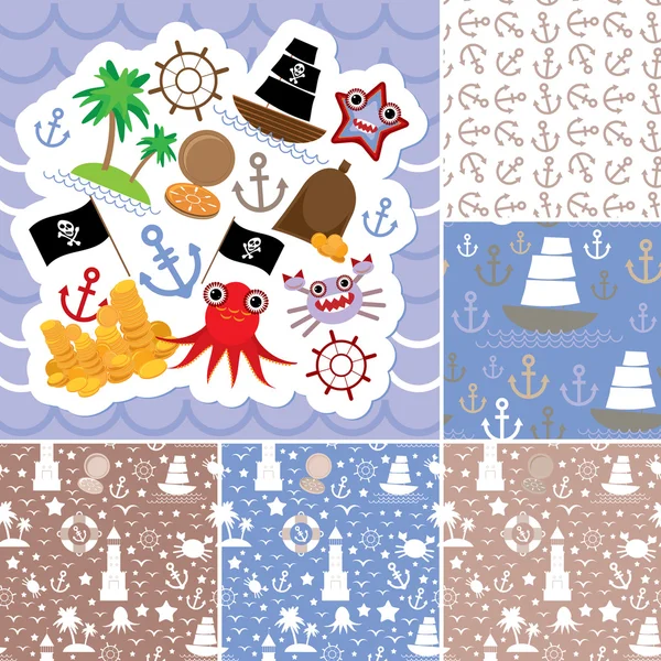 Vintage scrap nautical card and seamless pattern with sea animals, boats pirates. Vector — Stock Vector