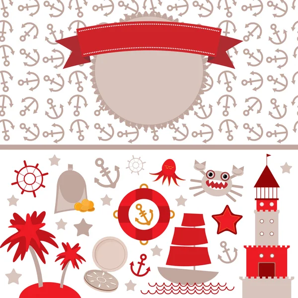 Cute sea objects collection. Vintage scrap nautical card with frame, anchor pattern and sea animals, boats pirates. Vector — Stock Vector