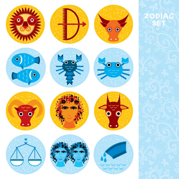 Divertido azul y naranja icono del signo del zodiaco conjunto astrológico, vector — Vector de stock