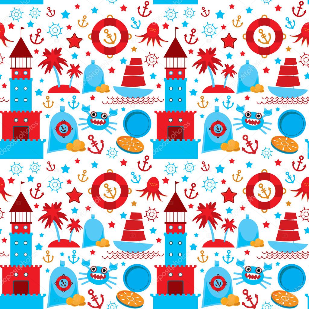 seamless pattern with sea icons on white background. Seamless pattern. Red and blue. vector