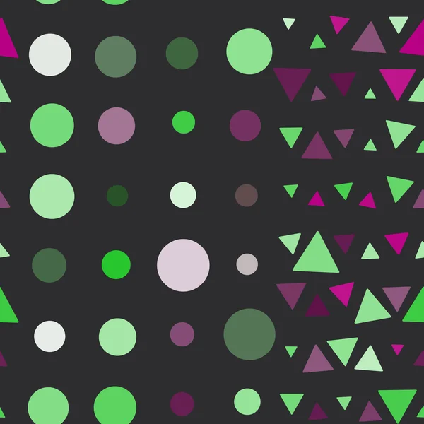 Seamless mönster av cirklar och trianglar, rosa och grönt på svart bakgrund. Vektor — Stock vektor