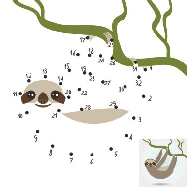 numbers game. dot game Three-toed sloth on green branch on white background. vector