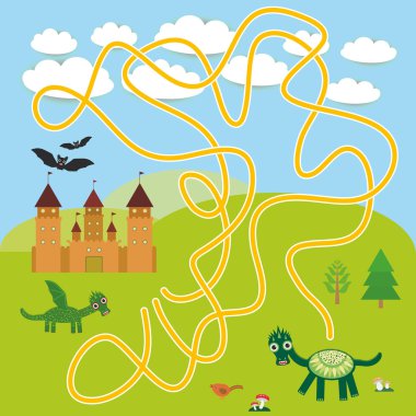 labyrinth game With Castle, fairytale landscape with dragons and bats for Preschool Children. vector