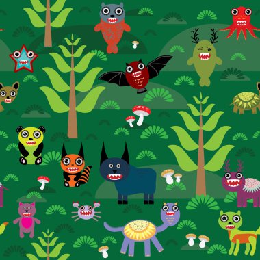 Cute cartoon Monsters seamless pattern on green e background. vector