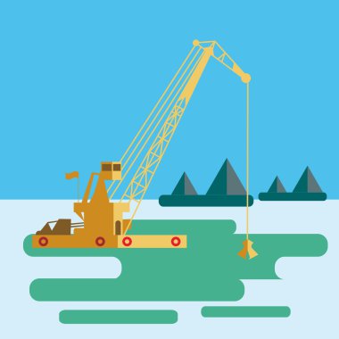 flat Huge crane barge Industrial ship that digs sand marine dredging digging sea bottom. Vector 