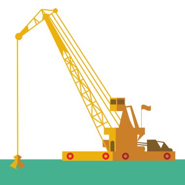 Huge crane barge Industrial ship that digs sand marine dredging digging sea bottom. Vector 