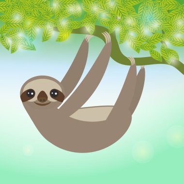 Three-toed sloth on green branch. Vector 