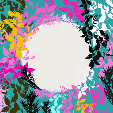 Soyut tasarım siyah, pembe, turuncu, deniz mavisi yaprak siluet kart metniniz daire için. Vektör 