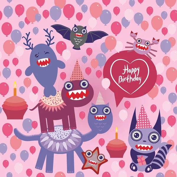 Happy birthday Funny monsters party design. бесшовный вектор фона — стоковый вектор