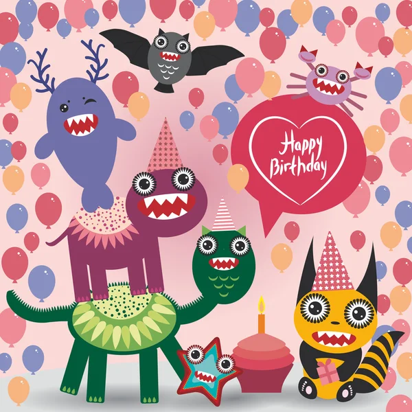 Alles Gute zum Geburtstag lustige Monster Party Card Design. Vektor — Stockvektor