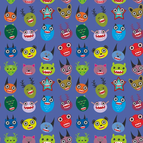 Cute cartoon Monsters ingesteld op blauwe achtergrond. naadloze patroon vector — Stockvector