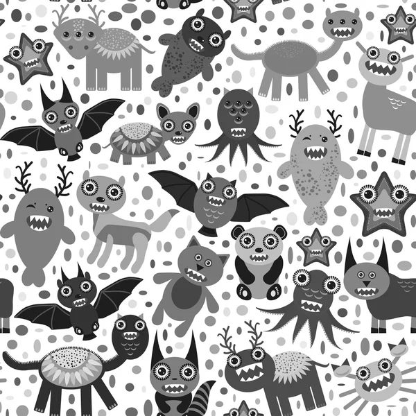 Monstruos de dibujos animados lindo conjunto. patrón sin costuras sobre fondo blanco. Vector — Vector de stock