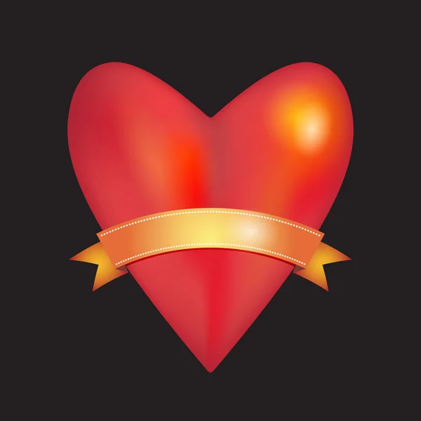 Rosso lucido cuore tridimensionale lucido con nastro in oro su sfondo nero. Amore, cerimonia nuziale e concetto di celebrazione di San Valentino. Vettore — Vettoriale Stock