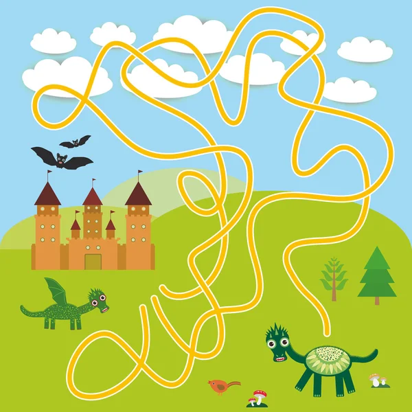 Labyrinthspiel mit Schloss, Märchenlandschaft mit Drachen und Fledermäusen für Vorschulkinder. Vektor — Stockvektor