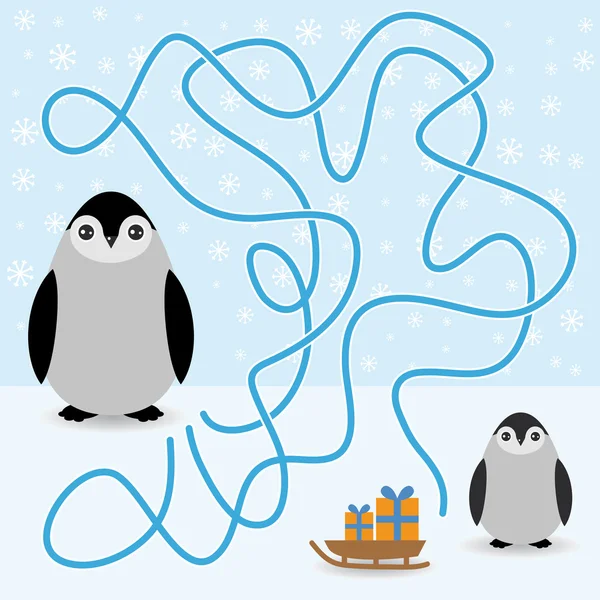 Divertidos pingüinos laberinto juego tarjeta de invierno para niños preescolares. vector — Vector de stock