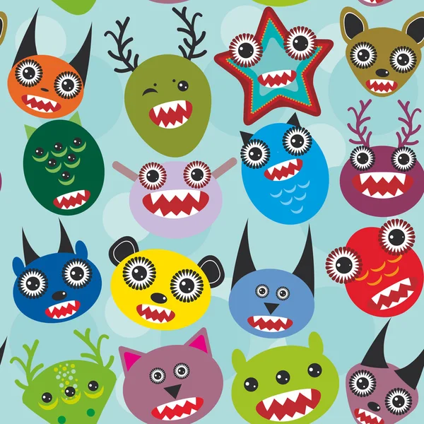 Cute cartoon muzzle Monsters seamless pattern on blue background. Vector — Stock vektor