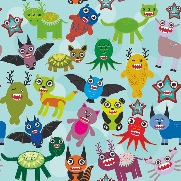 Cute cartoon Monsters seamless pattern on blue background. Vector — Stock vektor