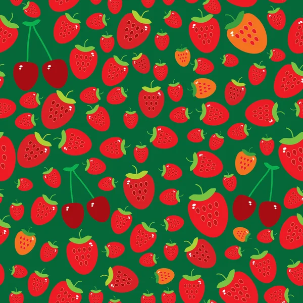 Seamless pattern with strawberries on green background. Vector — Stok Vektör