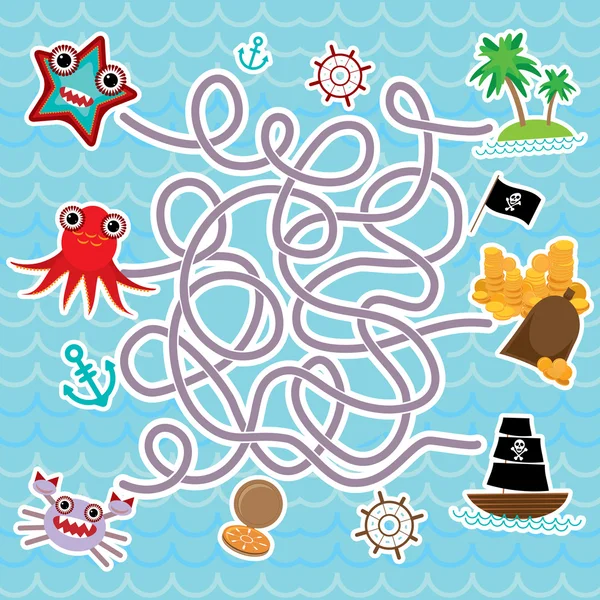 Animales marinos, barcos piratas. lindo mar objetos colección laberinto juego para niños preescolares. vector — Vector de stock