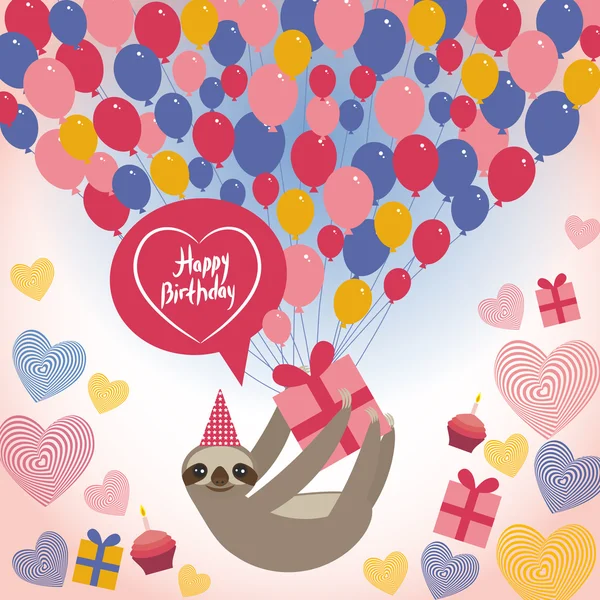 Three-toed sloth on white background. happy birthdaycard. Heart, gift box, balloons, birthday cake, hat. Blue, pink, orange. Vector — Wektor stockowy