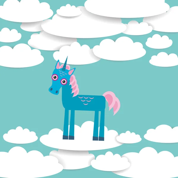 Funny unicorn White clouds on blue sky background. Vector — ストックベクタ