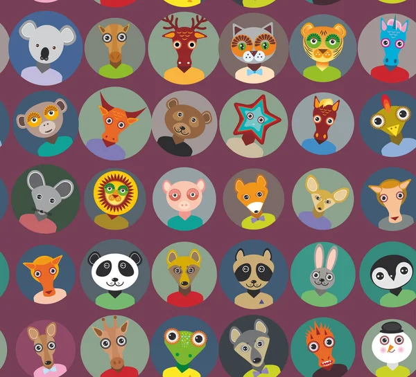 Seamless pattern animals faces circle icons set in Trendy Flat Style. zoo infographics design. Vector — Wektor stockowy