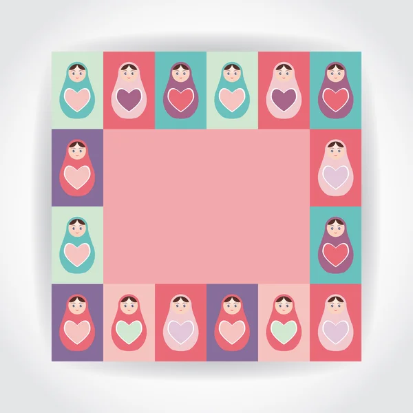 Tarjeta rosa, púrpura, naranja, verde azulado muñecas rusas matryoshka con corazón. Vector — Archivo Imágenes Vectoriales