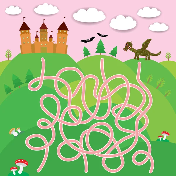 Castelo de conto de fadas, dragão, morcegos, jogo de labirinto florestal para crianças pré-escolares. Vetor — Vetor de Stock