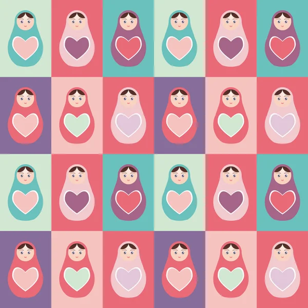 Seamless pattern pink, purple, orange, teal Russian dolls matryoshka background with heart. Vector — Stock Vector