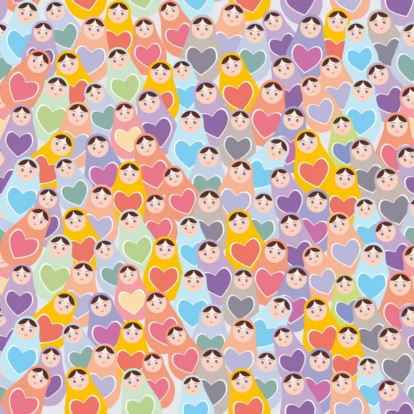 Seamless pattern pink, purple, orange, blue Russian dolls matryoshka background. Vector — Stockvector