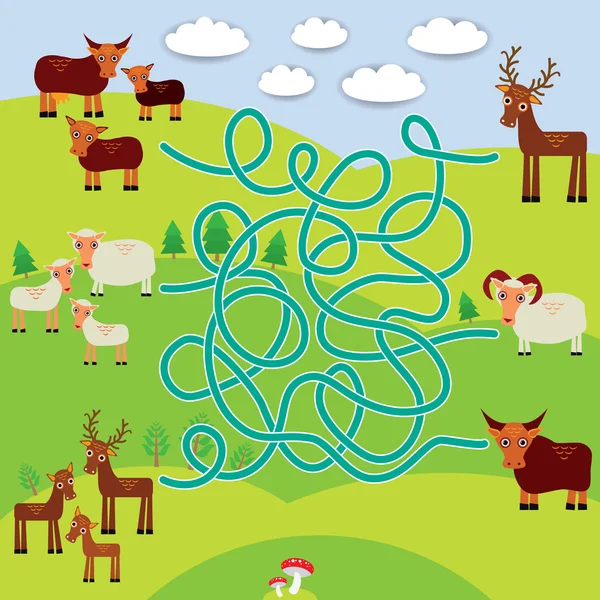 Animais de fazenda - ovelhas, veados, vaca, jogo de labirinto para crianças pré-escolares. Vetor — Vetor de Stock