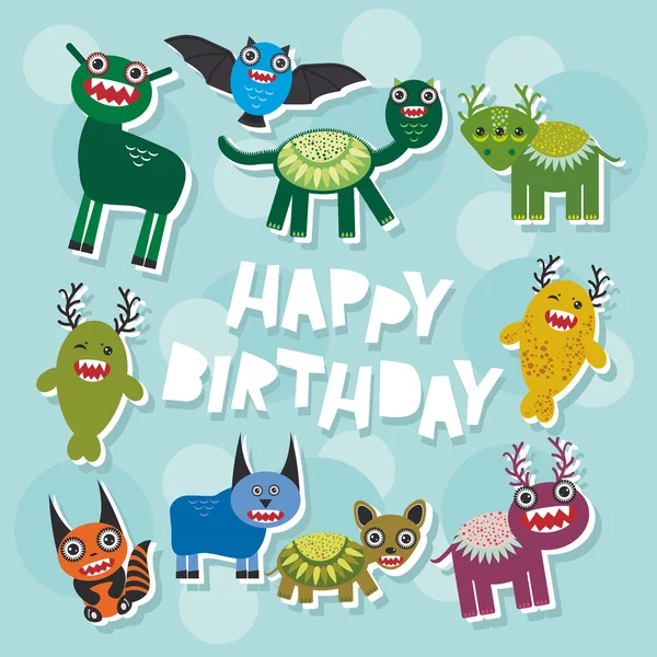 Happy birthday Funny monsters party card design. Vector — Stock Vector