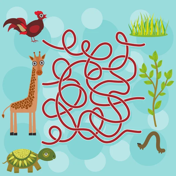 Pollo, jirafa, tortuga, juego de laberinto para niños preescolares. Vector — Archivo Imágenes Vectoriales