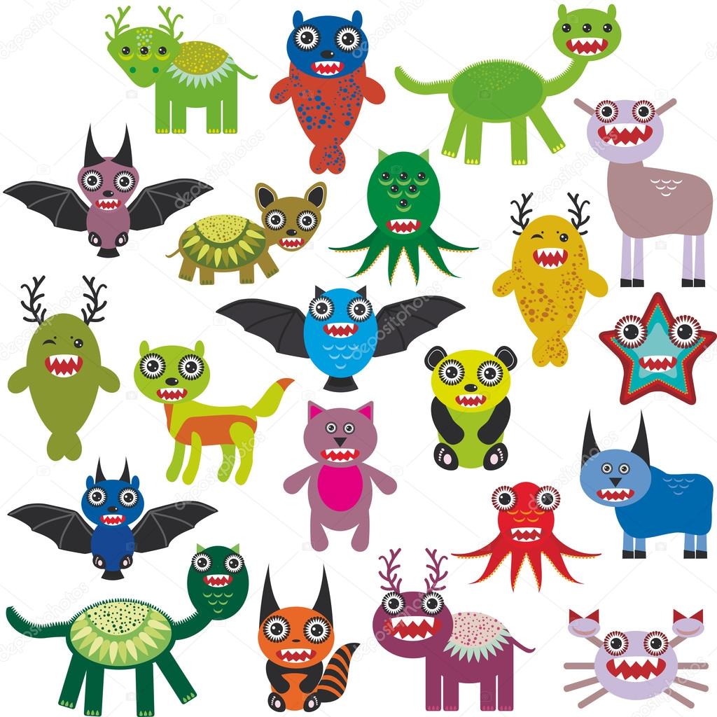 Cute cartoon Monsters Set. Big collection on white background. Vector