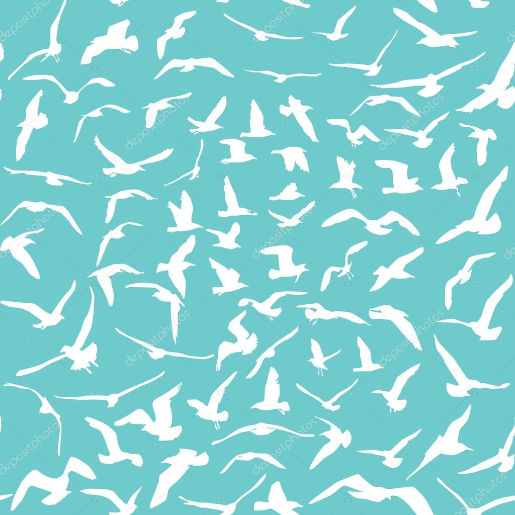 Seagulls white silhouette on blue background. Seamless pattern. Vector