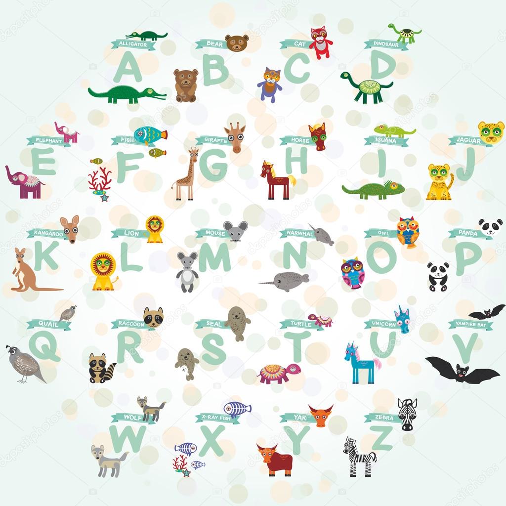 alphabet for kids from A to Z. Set of funny cartoon animals character. zoo. Vector